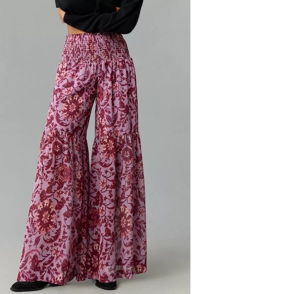 By Anthropologie Chiffon Tiered Wide-Leg Pants size M new purple floral - Picture 4 of 6